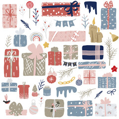 Christmas set for decorating postcards and invitations and posters. Gifts, flowers, bows, candles, Christmas decorations.
