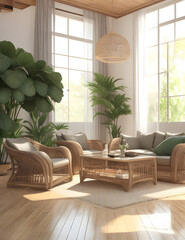 living room with rattan furniture wooden floor
