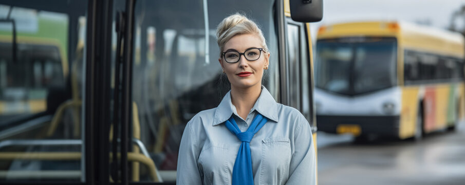 Woman in shirt and tie standing in front of a bus, female public transport driver. Generative AI