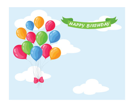 Happy Birthday. A birthday greeting card with a picture of colorful balloons with a red bow on a background of clouds and the inscription happy birthday. Vector