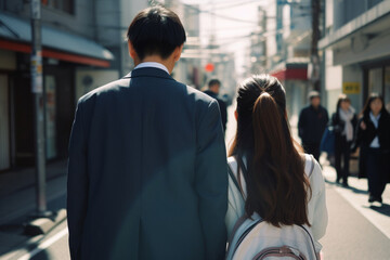 Back view of Japanese business man next to teenage school girl. 