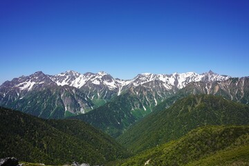 Fototapeta na wymiar 北アルプス　常念岳から望む初夏の槍ヶ岳と穂高連峰