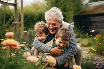 fictional elderly man playing with his grandchildren in the garden - obrazy, fototapety, plakaty