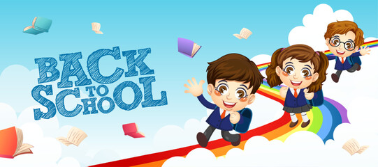 Cute boy and girl student walking on rainbow road, back to school, education, print, artwork, doodle, vector illustration (Vector)