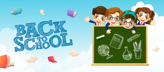 Cute boy and girl student with blackboard, back to school, education, print, artwork, doodle, vector illustration (Vector)