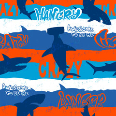 Abstract seamless pattern with shark silhouette on grunge line background. Sharks silhouette repeat ornament. Big fish predator repeat print for sport textile, wrapping paper. Text in street art style