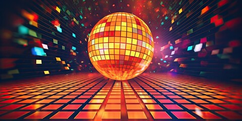 Disco ball surrounded by colored tiles