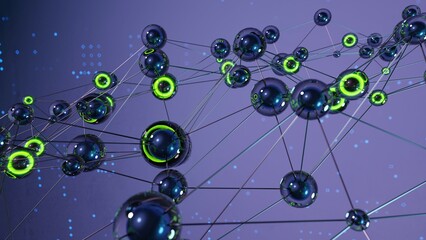 Close up shot of AI neural network. 3d illustration of glowing neon spheres