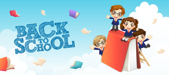 Cute boy and girl student playing with giant book, back to school, print, artwork, doodle, vector illustration (Vector)