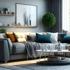 home interior background with modern sofa and decor in living room