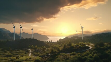 Wind turbines on the green hills against the colorful sunset sky. Production of renewable green energy. Sustainable development concept. Mock up, 3D rendering.