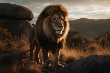Strong and confident lion on a hill
