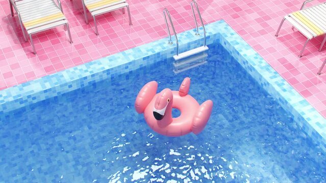 Flamingos float around the swimming pool	
