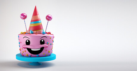 3d Happy Birthday Cake with party hat on. Concept of birthday wishes. Emty copy space for text. Generative AI.