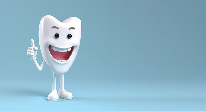 Happy 3d Tooth Macot giving thumb up. Concept of Kids dentist. Empty copy space for your text. Generative Ai.