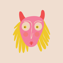 Funny unusual face of a girl with a dissatisfied face and horns. Illustration in childish style