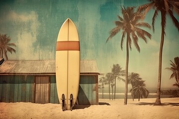 vintage surfer board with palm trees on a beach