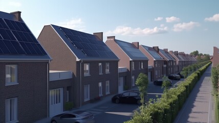 Solar panels are installed on the tiled roofs of a row of modern houses in a suburb with green streets under a blue sky. Sustainable energy, alternative power generation.