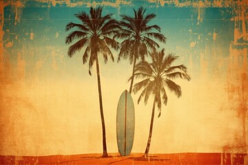 vintage surfer board with palm trees on a beach