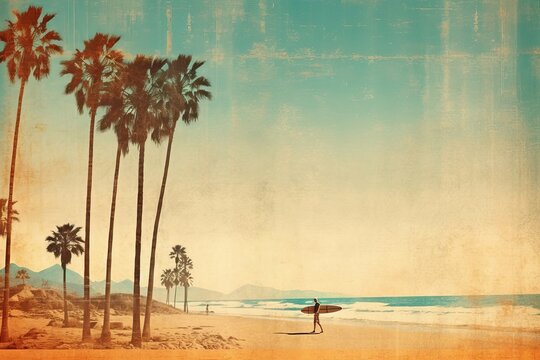 vintage surfer board with palm trees on a beach