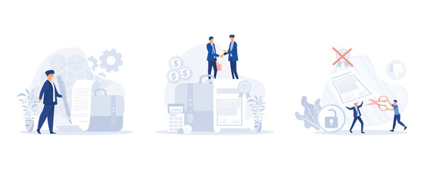 Businessman signing a contract, Business people standing on a signed contract. Cancellation of a contract. Businessman in workspace. set flat modern vector illustration