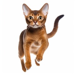 Jumping Abyssinian Cat. Isolated on Caucasian, White Background. Generative AI.