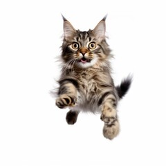 Fototapeta na wymiar Jumping American Bobtail Cat. Isolated on Caucasian, White Background. Generative AI.