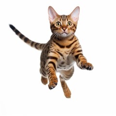 Jumping Bengal Cat. Isolated on Caucasian, White Background. Generative AI.
