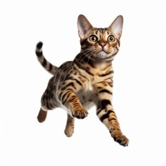 Jumping Bengal Cat. Isolated on Caucasian, White Background. Generative AI.