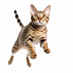 Obraz premium Jumping Savannah Cat. Isolated on Caucasian, White Background. Generative AI.