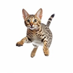 Naklejka na ściany i meble Jumping Savannah Cat. Isolated on Caucasian, White Background. Generative AI.