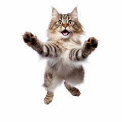 Jumping Siberian Cat. Isolated on Caucasian, White Background. Generative AI.