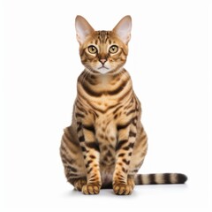 Fototapeta premium Sitting Bengal Cat. Isolated on Caucasian, White Background. Generative AI.