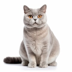 Sitting British Shorthair Cat. Isolated on Caucasian, White Background. Generative AI.