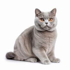 Obraz premium Sitting British Shorthair Cat. Isolated on Caucasian, White Background. Generative AI.