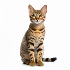 Obraz premium Sitting Savannah Cat. Isolated on Caucasian, White Background. Generative AI.