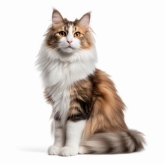 Sitting Norwegian Forest Cat. Isolated on Caucasian, White Background. Generative AI.