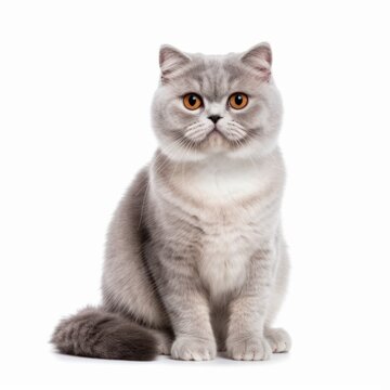 Sitting Scottish Fold Cat. Isolated on Caucasian, White Background. Generative AI.