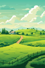 Fototapeta premium Lndscape with green fields and blue sky.