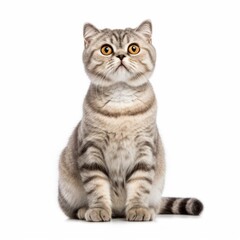 Sitting Scottish Fold Cat. Isolated on Caucasian, White Background. Generative AI.