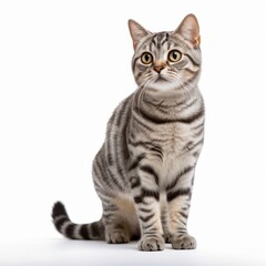Standing American Shorthair Cat. Isolated on Caucasian, White Background. Generative AI.