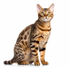 Fototapeta premium Standing Bengal Cat. Isolated on Caucasian, White Background. Generative AI.