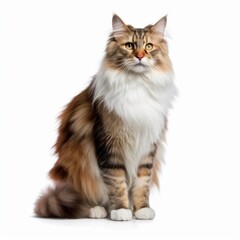 Standing Norwegian Forest Cat. Isolated on Caucasian, White Background. Generative AI.