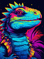Cybernetic Art of Iguana in Vivid Colours. Design for T-shirts, Posters, Stickers, and more. Generative Ai