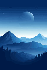Naklejka na ściany i meble Mountain landscape vector art with blue hues.