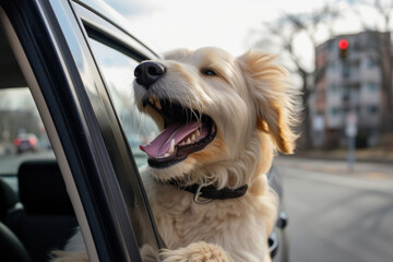 Excited dog with a big smile enjoying the freedom of the open road and fresh air is AI Generative.