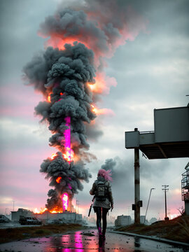 A woman with pink hair wearing a gas mask against the background of an explosion. A female soldier in a post-apocalyptic world. Destroyed city in war. Generative AI