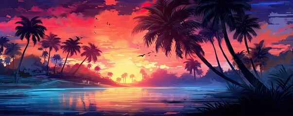 Sunny colorful beach painting with palm trees beside the ocean. Generative AI. 