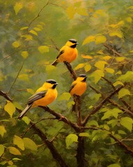 Naklejka premium realistic scene of birds perched on tree branches, singing their melodious tunes. oil paints to create a rich texture that brings out the subtle details of their feathers