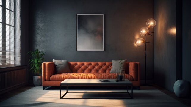 Interior of modern cozy living room in gray and terracotta tones. Leather Chester sofa with pillows, coffee table, trendy floor lamp, poster on the wall, large window, modern home decor. 3D rendering.